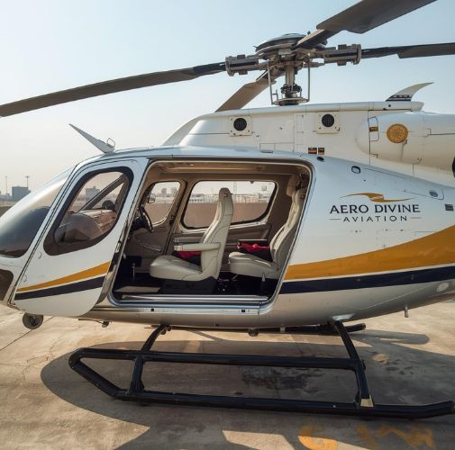 Aero Divine Aviation helicopter with displayed helicopter rent price in Delhi