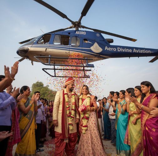 Helicopter for wedding in Gujarat offering royal flower dropping ceremony for bride and groom entry