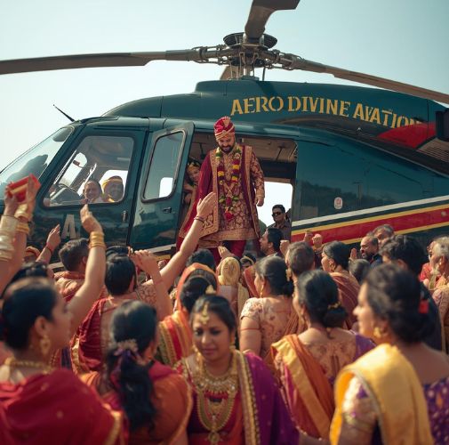 Book helicopter for wedding in Gujarat with luxury helicopter entry and premium aerial wedding services