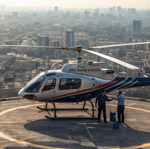 Luxury helicopter on Delhi helipad for helicopter rent in Delhi by Aero Divine Aviation