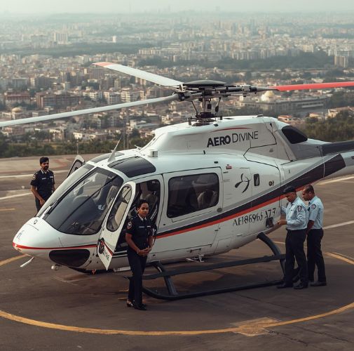 VIP passengers boarding Aero Divine helicopter for helicopter service in Delhi