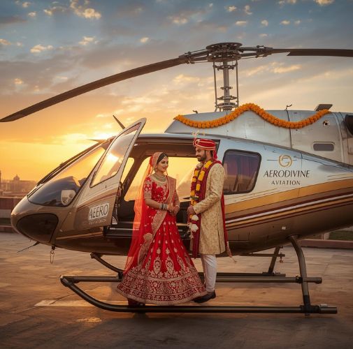 Private helicopter booking for marriage in Delhi, AERO Divine Aviation offering exclusive luxury helicopter rides for bride and groom, Indian wedding setup, festive and elegant atmosphere.