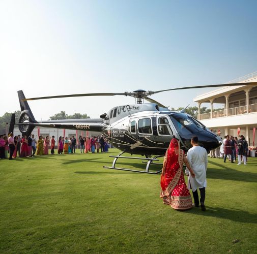 Book helicopter for wedding in Gujarat with luxury helicopter entry and aerial flower shower for grand Indian weddings