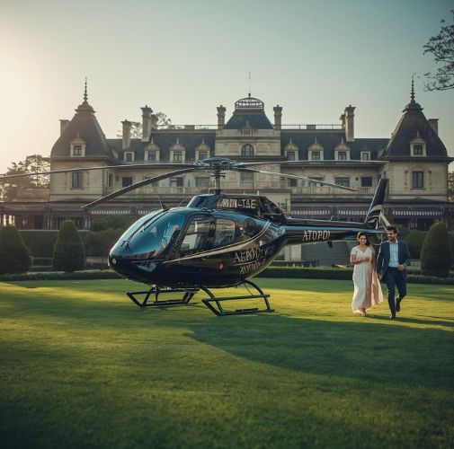 Luxury helicopter ride for bride and groom in Delhi wedding, AERO Divine Aviation