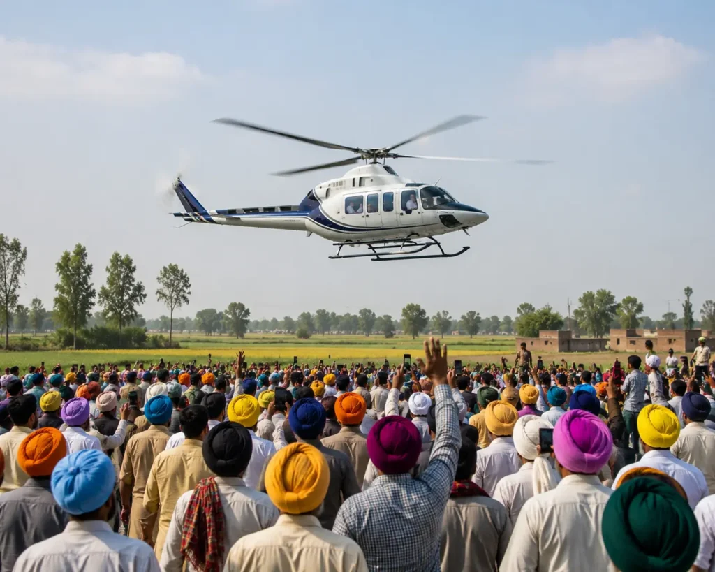 Helicopter arriving at an election campaign rally