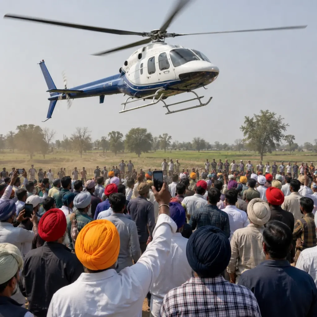 Election campaign helicopter landing before a public rally