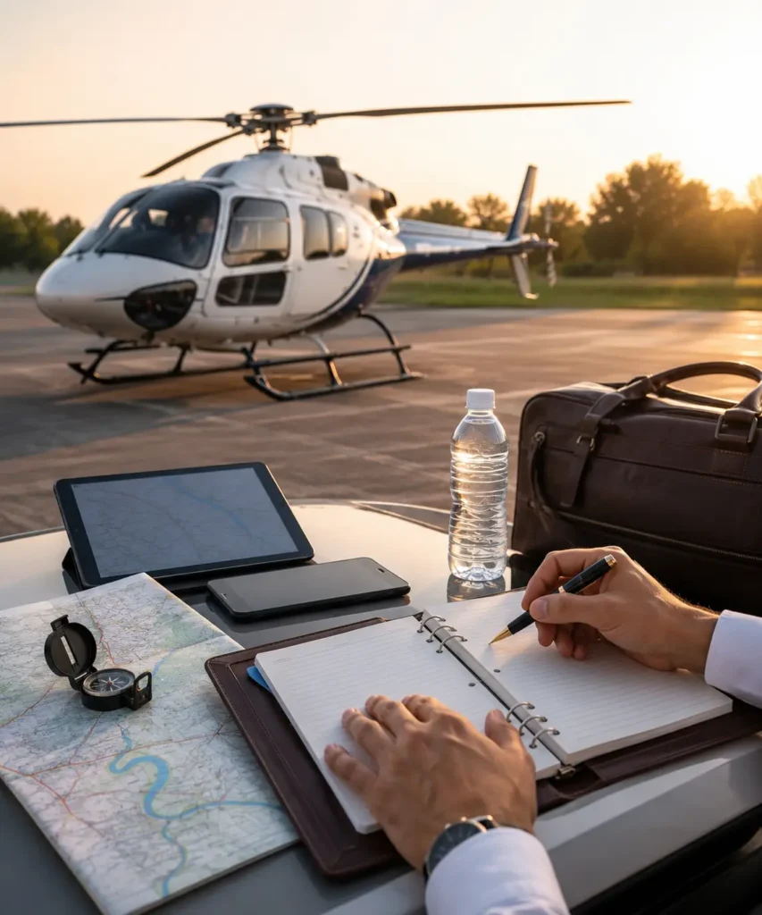 Helicopter charter trip planning at a helipad