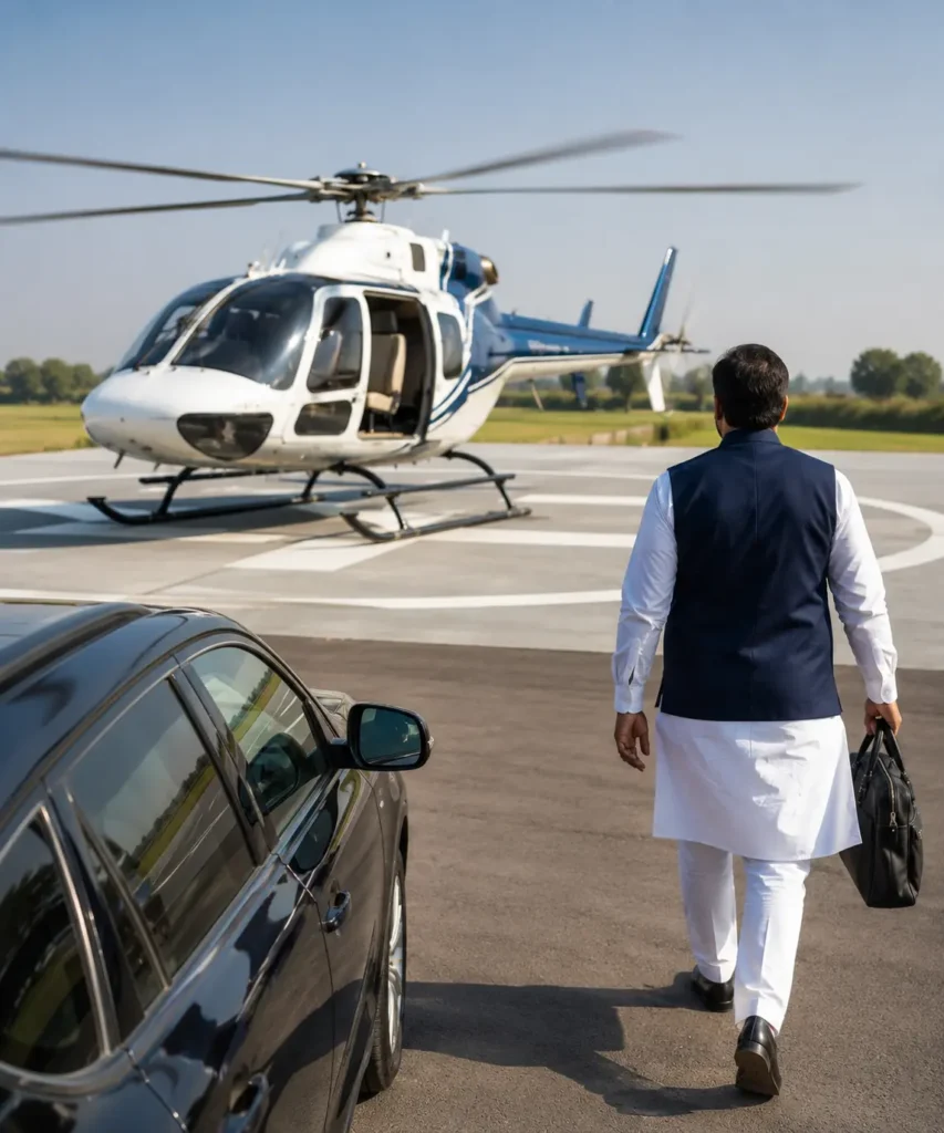 Passenger walking toward a charter helicopter at the helipad